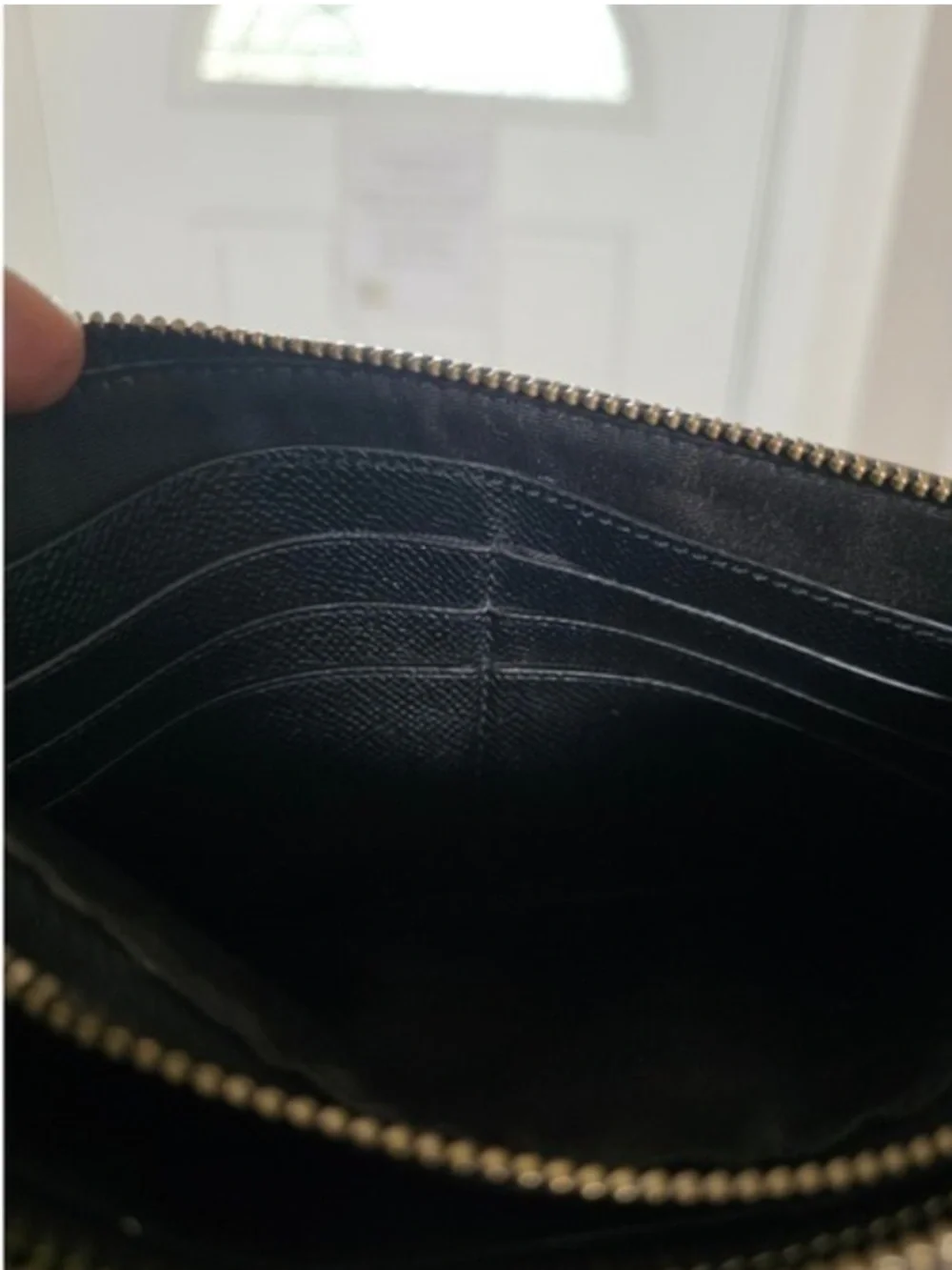 Coach Womens Black Crossgrain Leather Double Zip Wristlet Clutch Gold Hardware